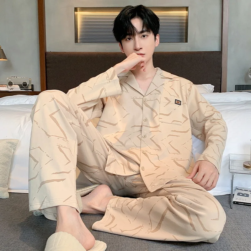 

Large Size Men Print Pajamas Set Korean Spring Home Clothes Loose Cotton Sleepwear Long Sleeves Trousers Soft Nighty Cozy Pjs