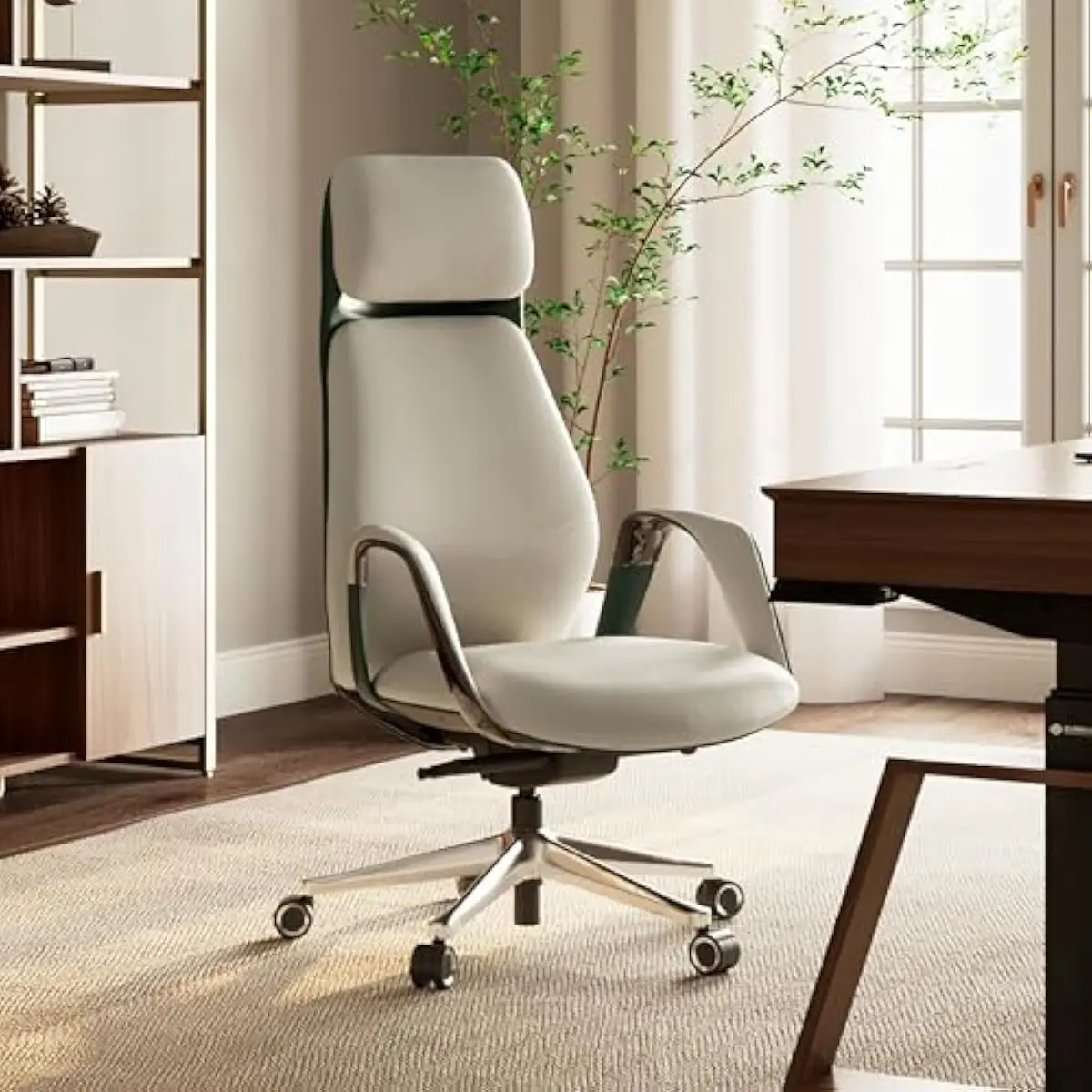 Ergonomic Leather Desk Chair with Adjustable Lumbar Support, Synchronized Tilt Mechanism, Silent Hydraulic Recline, 360° Swivel,