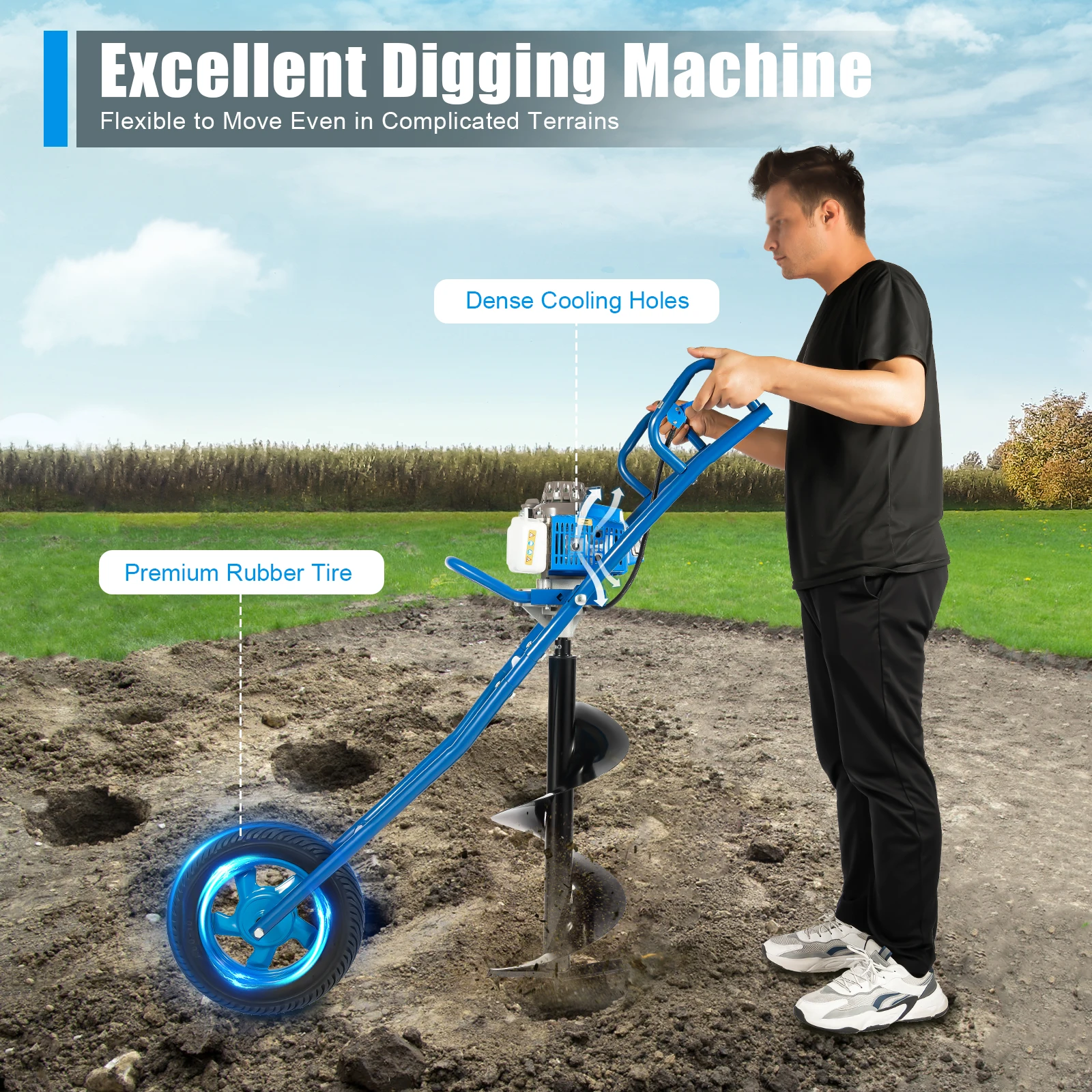 63CC 2 Stroke Post Hole Digger 3HP Gas Powered Earth Auger Borer Ground Drill Wheelbarrow with 11