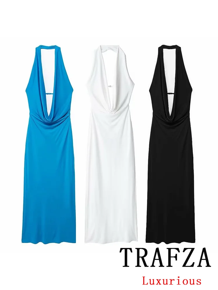 TRAFZA Sexy Deep V Neck Women Dress Solid Sleeveless Halter Backless Folds Straight Vestidos New Fashion 2024 Summer Party Dress