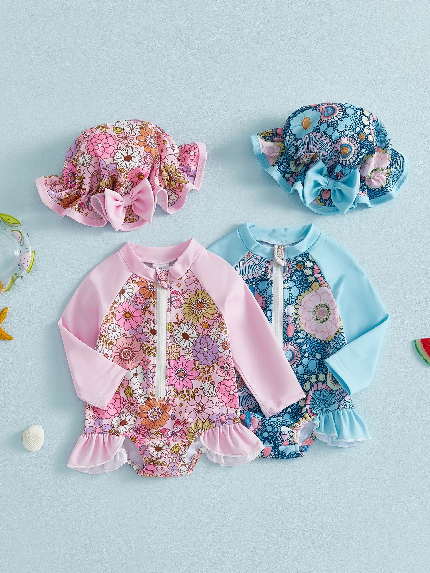 

Toddler Girl Two-Piece Set with Ruffle Sleeve and Bikini Bottoms in Cute Floral Print UV Protection