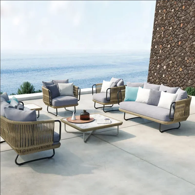 Conjunto de sofás de ratán para patio y balcón al aire libre con sillón de exterior barato, muebles de mimbre de jardín de acero