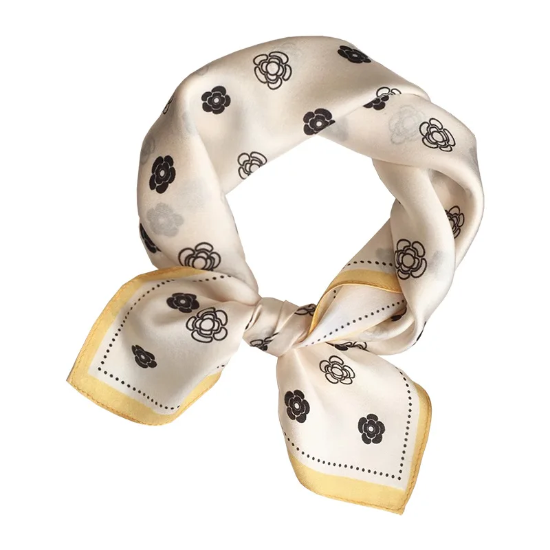 

100% Mulberry Silk Square Scarf White Black Camellia Print Golden Border Neck Scarf Headband Bag Ribbon Elegant Gift For Women