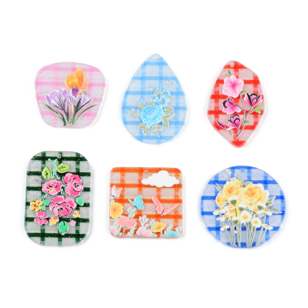 Colorful Beautiful Flower Painting Flat Acrylic Pendants Plate Jewelry Accessories Handmades Fashion For DIY Earrings 10pcs