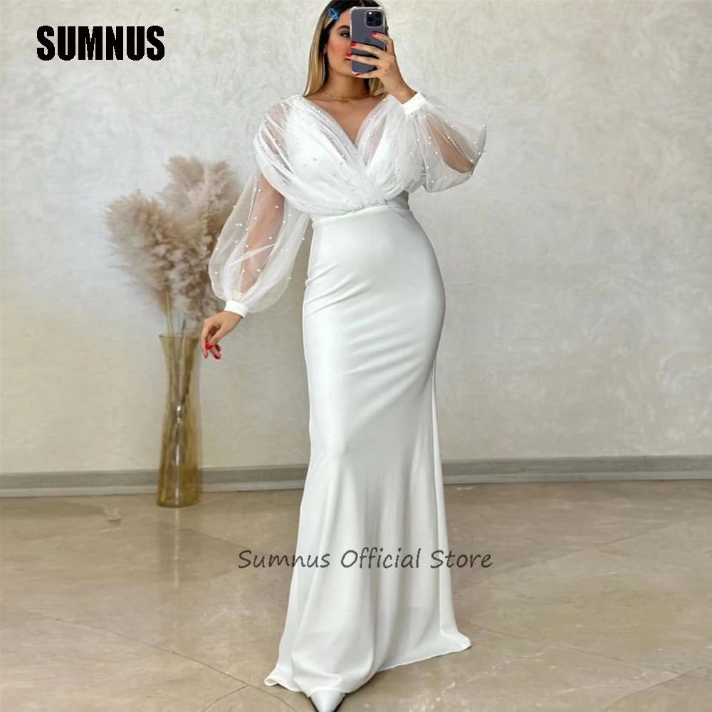 

SUMNUS Satin V Neck Mermaid Evening Party Dresses Tulle Long Puff Sleeves Pearls Dubai Prom Gowns Saudi Arabia Formal Dress