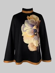 UOOZEE Women Floral Printed High-neck Black Tops 2024 New Autumn Vintage Elegant Floral Printed Loose Flared Sleeves T-Shirts