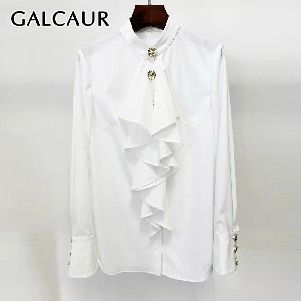 GALCAUR Camicia minimalista con fungo impiombato bianco Donna O Collo Manica lunga Camicie da donna allentate di fascia alta Autunno Nuovo stile Moda