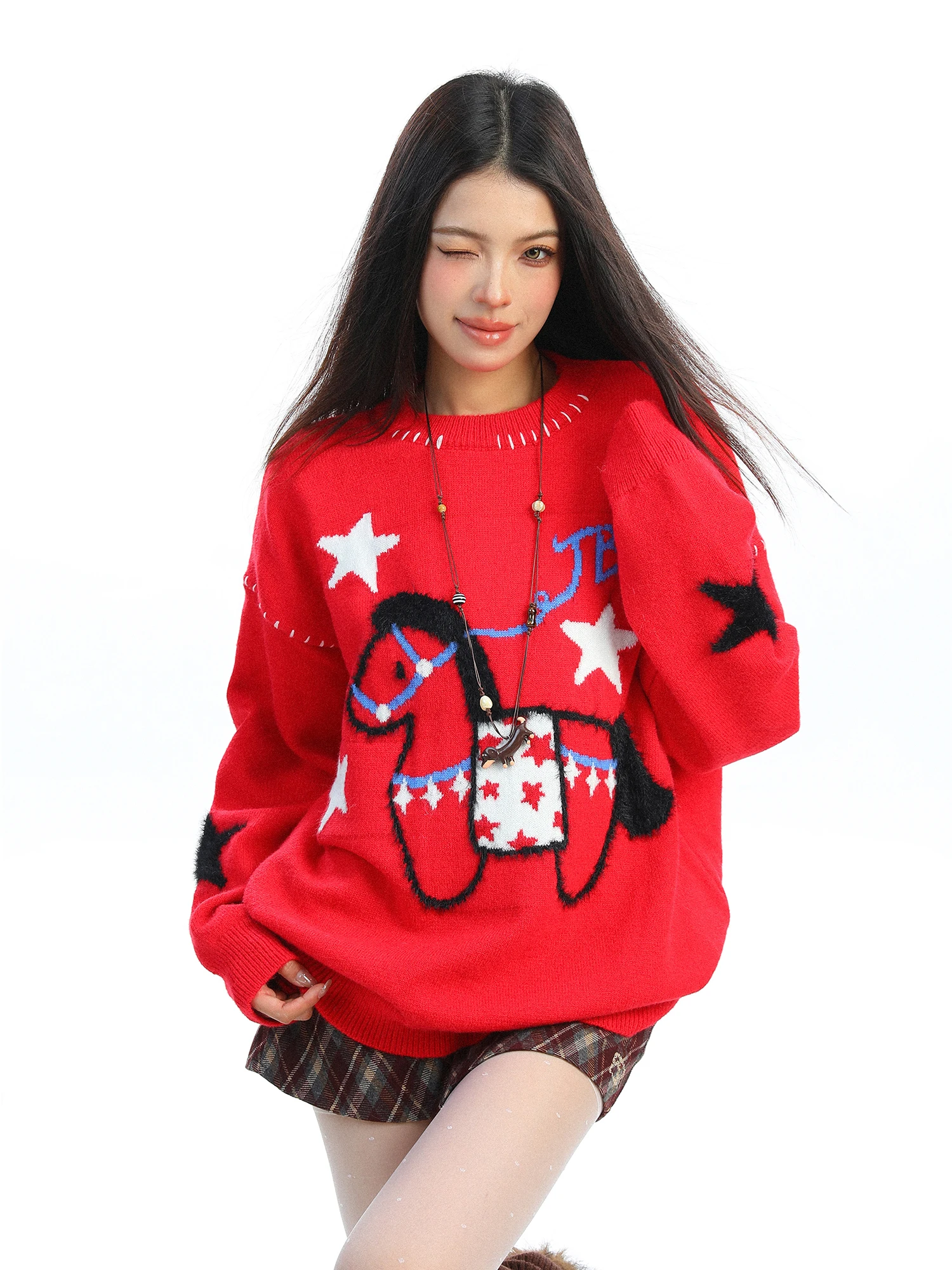 

New Year Red Sweater Women's Loose Soft Fleece Year Cartoon Embroidery Long Sleeve Knitted Thermal Top for Autumn Winter