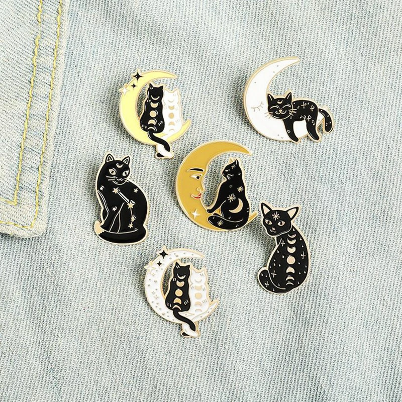 Cat Pines Bag Lapel Pins Black White Witch Craft Badge Jewelry Gift for Friends Witch Cats Enamel  Pins Custom Moon Phase Wizard