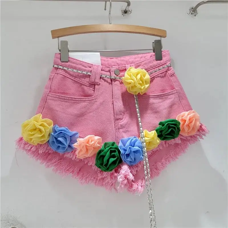 

5 Colors Desinger Summer Women High Waisted Ripped Tassel Appliques Flower Wide Leg Denim Shorts , Woman Fashion Shorts