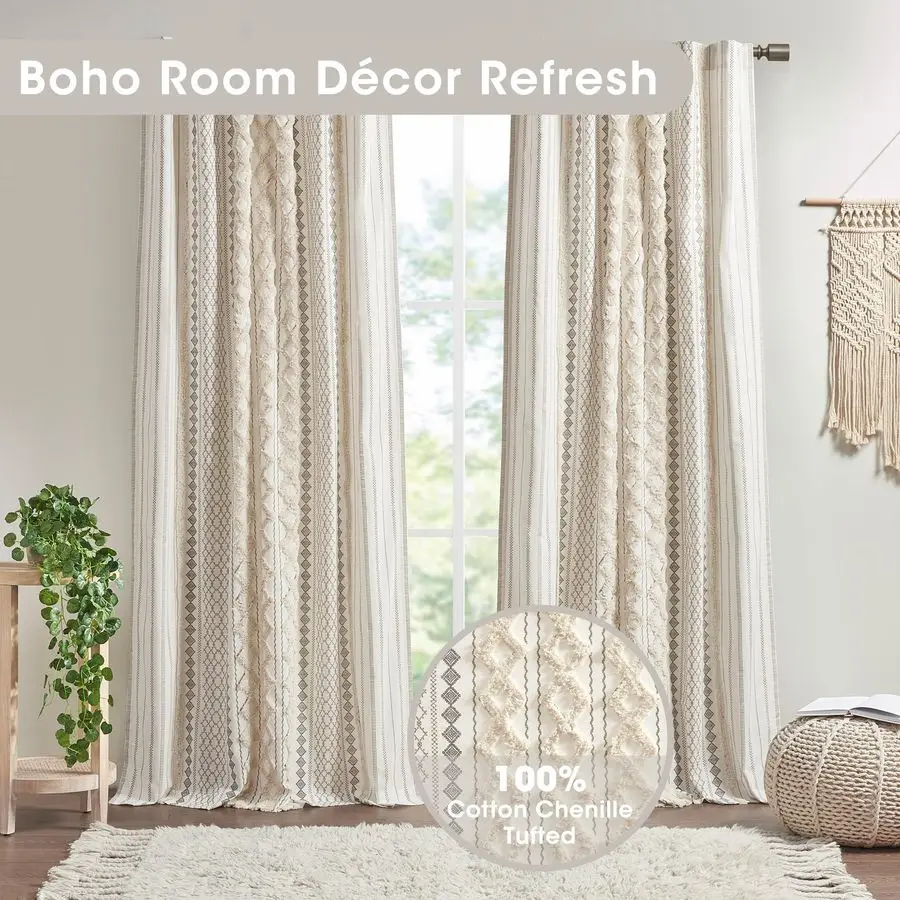 

Бохо-шторы для спальни и гостиной, 100% хлопковые, с тафтингом и полосками из шенилла, современные шторы в стиле фермерского дома, светопропускающие занавески.