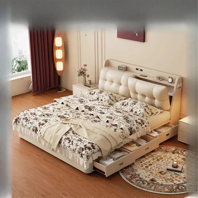 Fashionable Design Bed Frame Double Aesthetics French Comfortable Bed Wedding Simple Soft Family Wood Muebles Bedroom Furniture
