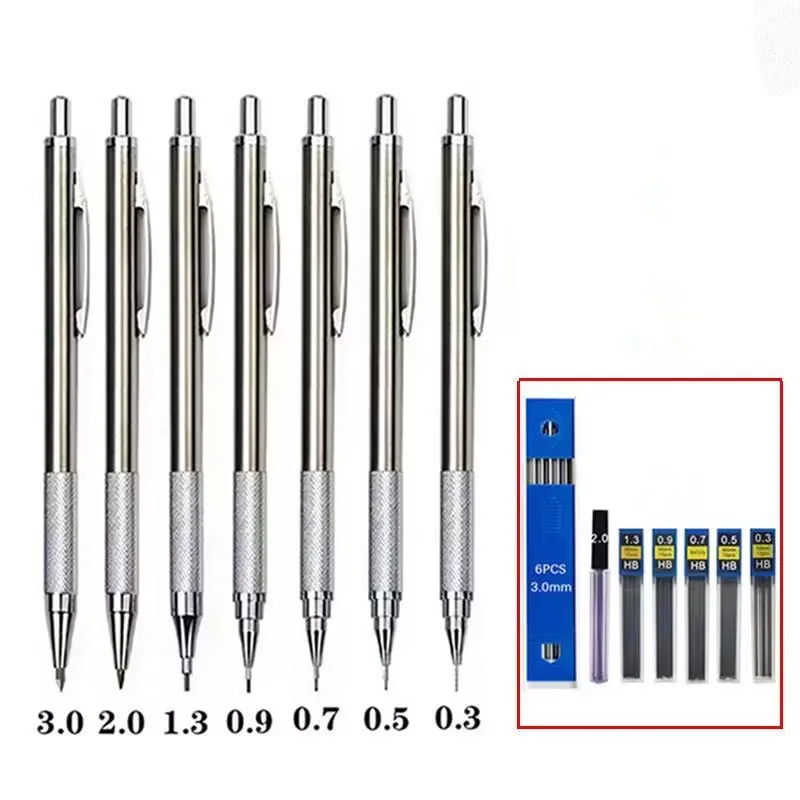 Mechanical Pencil Set 0.3 0.5 0.7 0.9 1.3 2.0mm Full Metal Art Drawing Painting Automatic Pencil with Leads Office School Supply