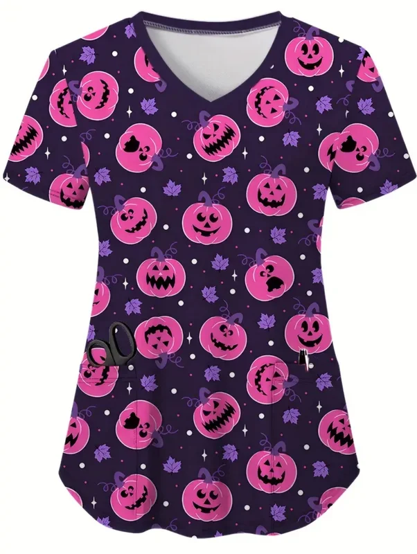 Halloween-Serie, Damen-Arbeitskleidung mit kurzen Ärmeln, V-Ausschnitt, modisches Design mit Bindebändern und Taschen, bequem und atmungsaktiv, Krankenpflegeuniform. – Detail 6