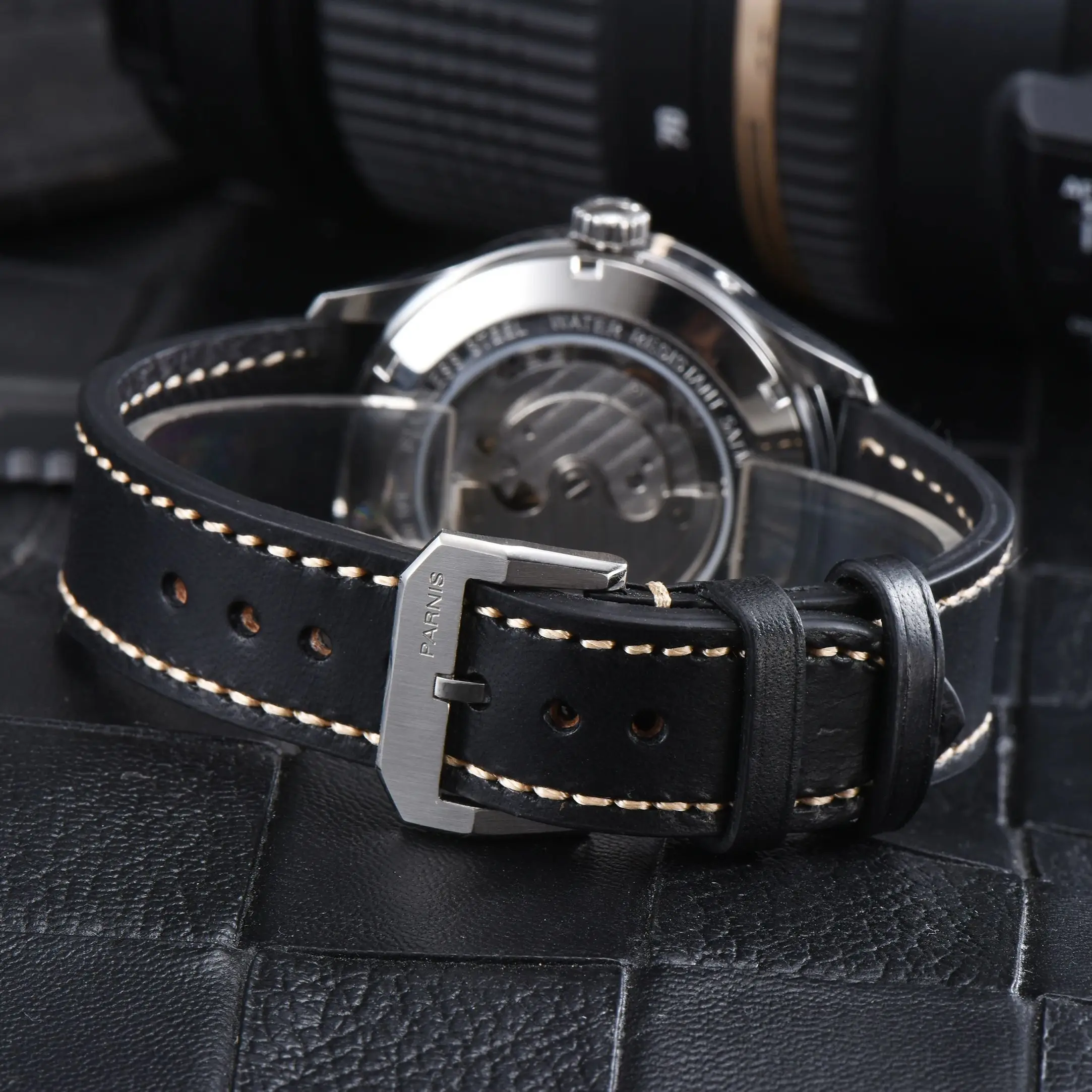 موضة بارنيس 41.5 مللي متر الأسود الهاتفي التلقائي الرجال الساعات التقويم حزام من الجلد ساعة ميكانيكية للرجال reloj hombre 2025 ساعة