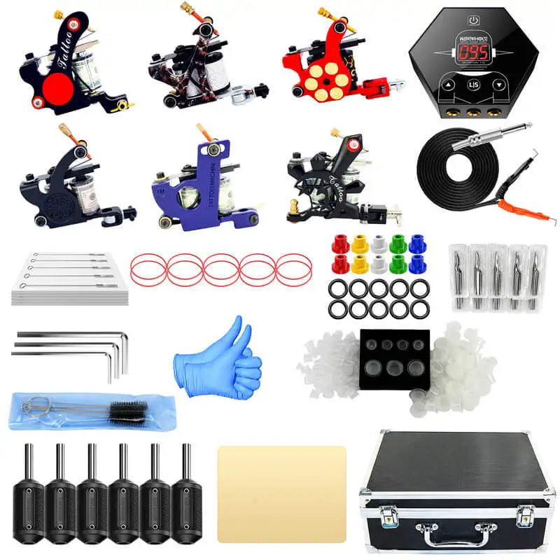 Tattoo Machine Set Hexagon LED LCD Tattoo Machine 50 Pieces Tattoo Accessories 6 Machines Tattoo Grip Set Aluminum Case