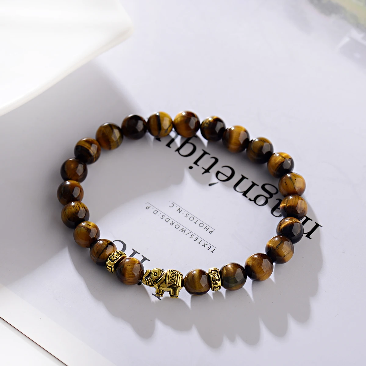 Charm Men Gold Color Elephant Beads Bracelet 8mm Natural Tiger Eye Stone Bracelets & Bangles Handmade Yoga Jewelry