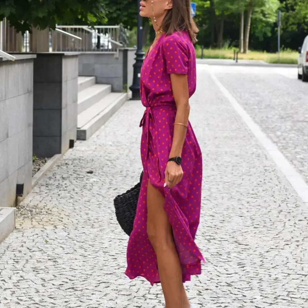 Summer New Women V-neck Short Sleeve Floral Printing Split Tight Waist Dress-up Lace Up High Waist Beach Female Vestidos