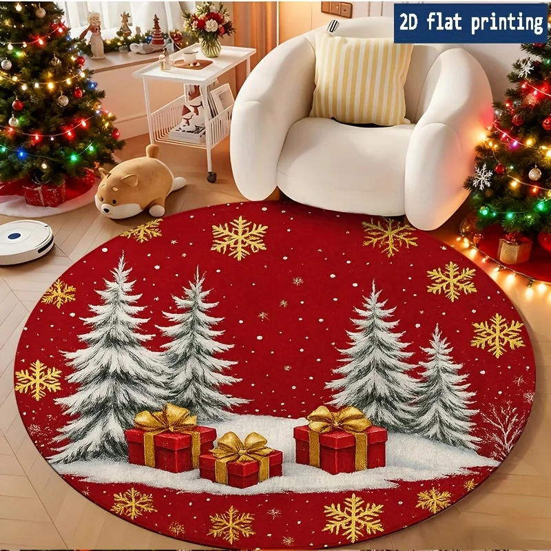 Wine Red Golden Snowflake Pine Gift Box Round Rug for Living Room Sofa Chair Bedroom Bedside Entry Giftbox Non Slip Rug gifts