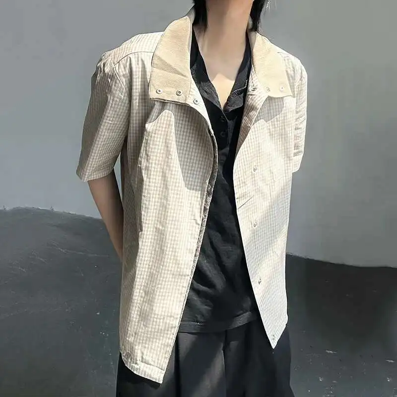 

Men's Plaid Design Coats Contrast Color Casual Single Breasted Short Sleeved Tops Vintage Male Jackets Summer Chic YUL5