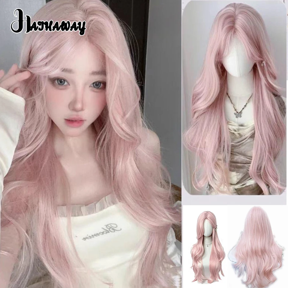 

Розовый парик для женщин Синтетический парик Длинные волнистые парики для косплея Натуральный мягкий сладкий для ежедневного использования Школьная жизнь Парик Лолита Розовый