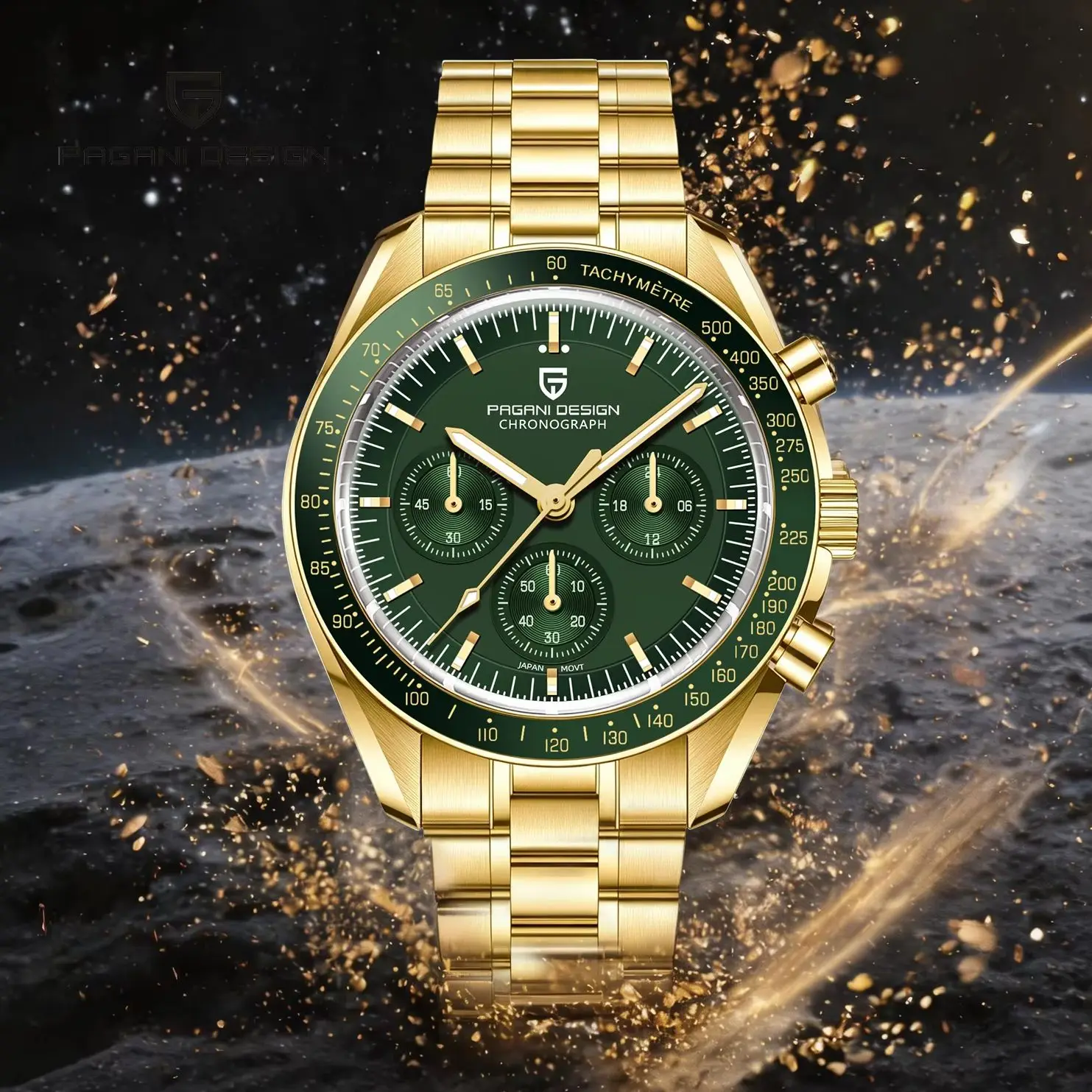 PAGANI DESIGN 2026 New Men's Watches Luxury Quartz Watch For Men Gold Green Moon Watch Sport Speed Chronograph AR Sapphire Crystal Wrist Watch Men Fast Delivery From Local Warehouse