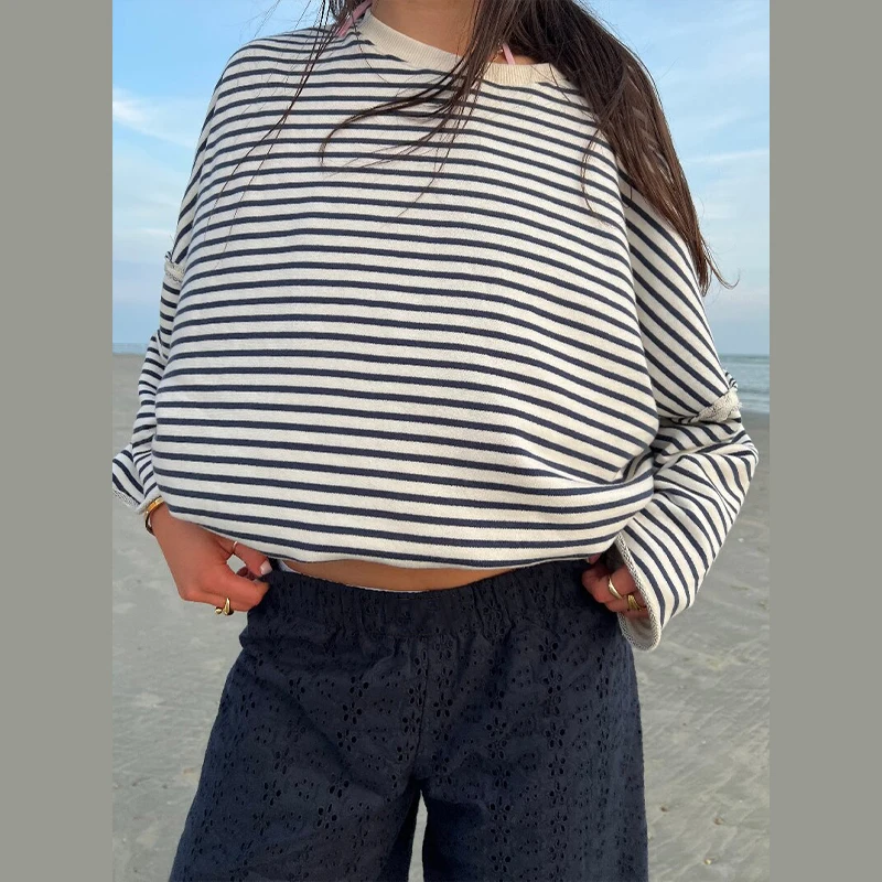 المرأة عادية مخطط الربط القمم كم طويل طاقم الرقبة البلوز الراحة تنوعا موضة هوديي الخريف التنقل الملابس #6