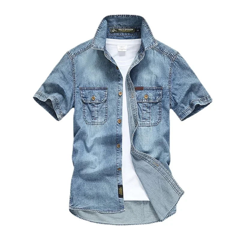 Men Multi pockets Denim Tooling Shirts New Summer Short Sleeve Blue Jeans Shirts High Quality Men Cotton Casual Shirts Size 5XL