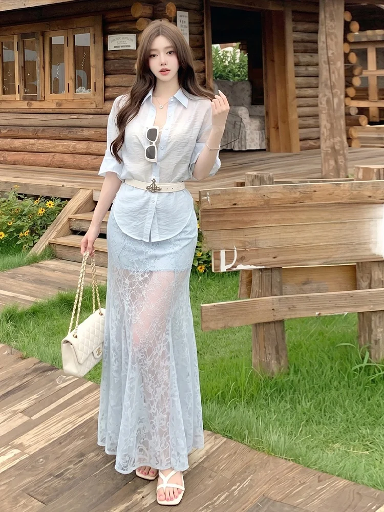 

Elegant Gentle Pure Desire Style Sun Protection Shirt Top Slimming Lace See-through Splice Wrap-around Half-length Skirt Set