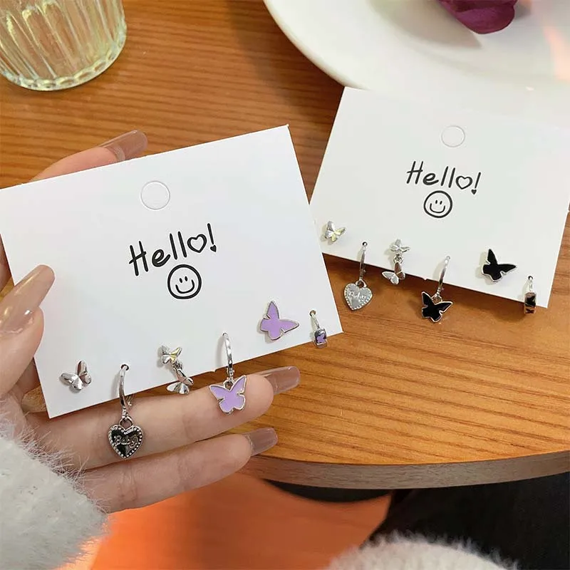 6Pcs/Set Fashion Silver Color Butterfly Stud Earring Set for Women Korean Crystal Heart Bowknot Earrings Jewelry 2023 New Trend