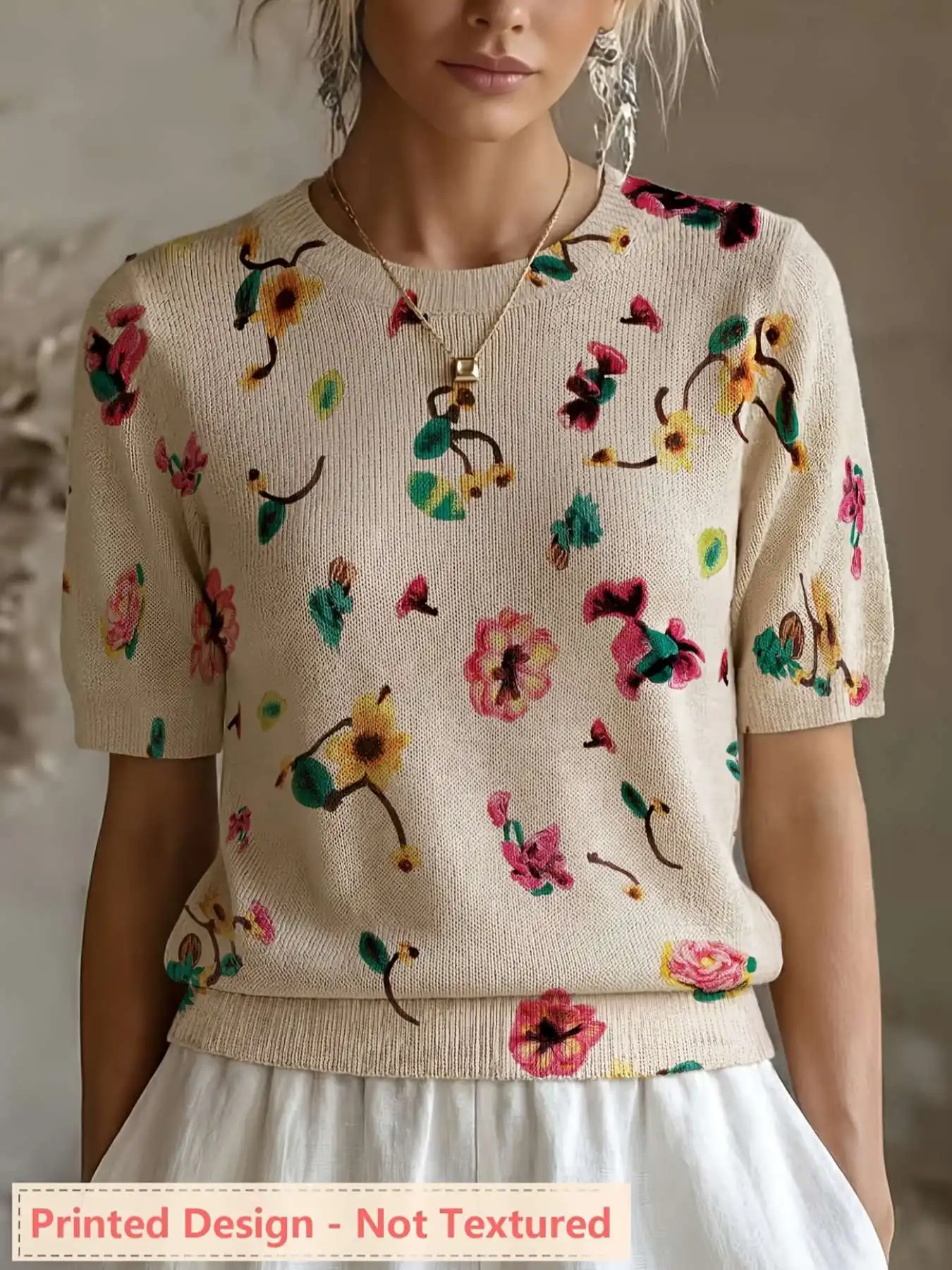Printed Design - Nottextured Spring/Summer Fashion New Pullover Round Neck Short Sleeve Women's Top with Floral Pattern Flat Digital Print Trendy Women's Clothing Ladies' Top