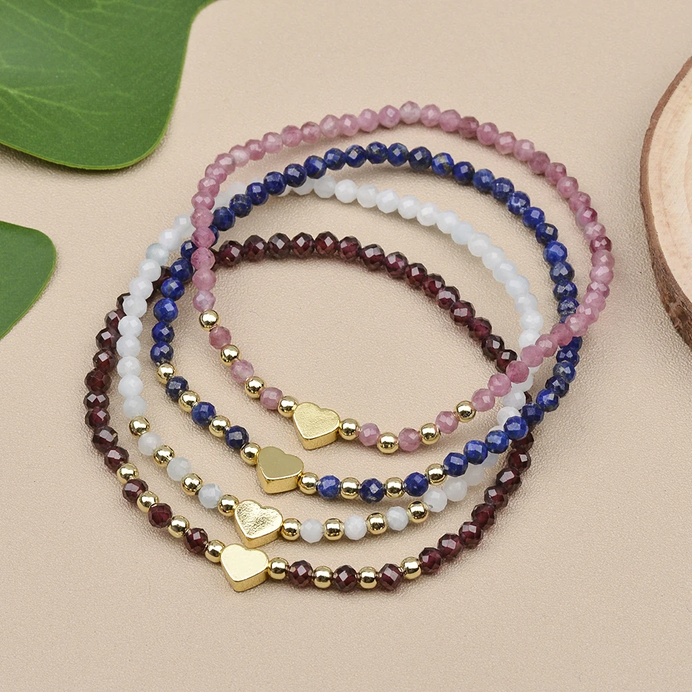 3MM Natural Stone Sunstone Lapis Garnet Moonstone Amethyst Hematite Heat Brass Beads Stretchable Bracelets For Lady Gift