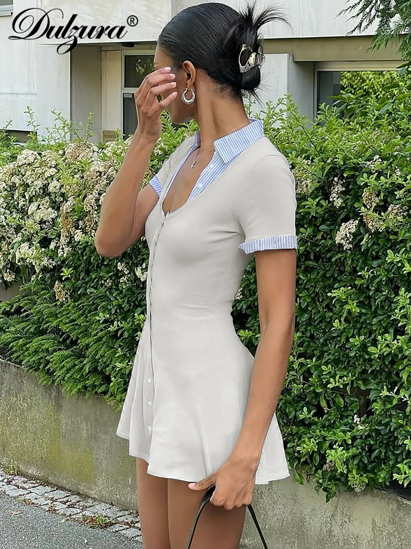 Dulzura, moda de verano, elegante, cuello vuelto, manga corta, un solo pecho, ajustado, Mini vestido camisero, ropa de calle para fiesta y Club