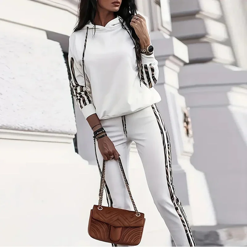 Fall Winter Women Tracksuits Two Pieces Set Stripe Hoodie Sweatshirt Pants Outfits Casual Streetwear Fashion Female Sport Suits