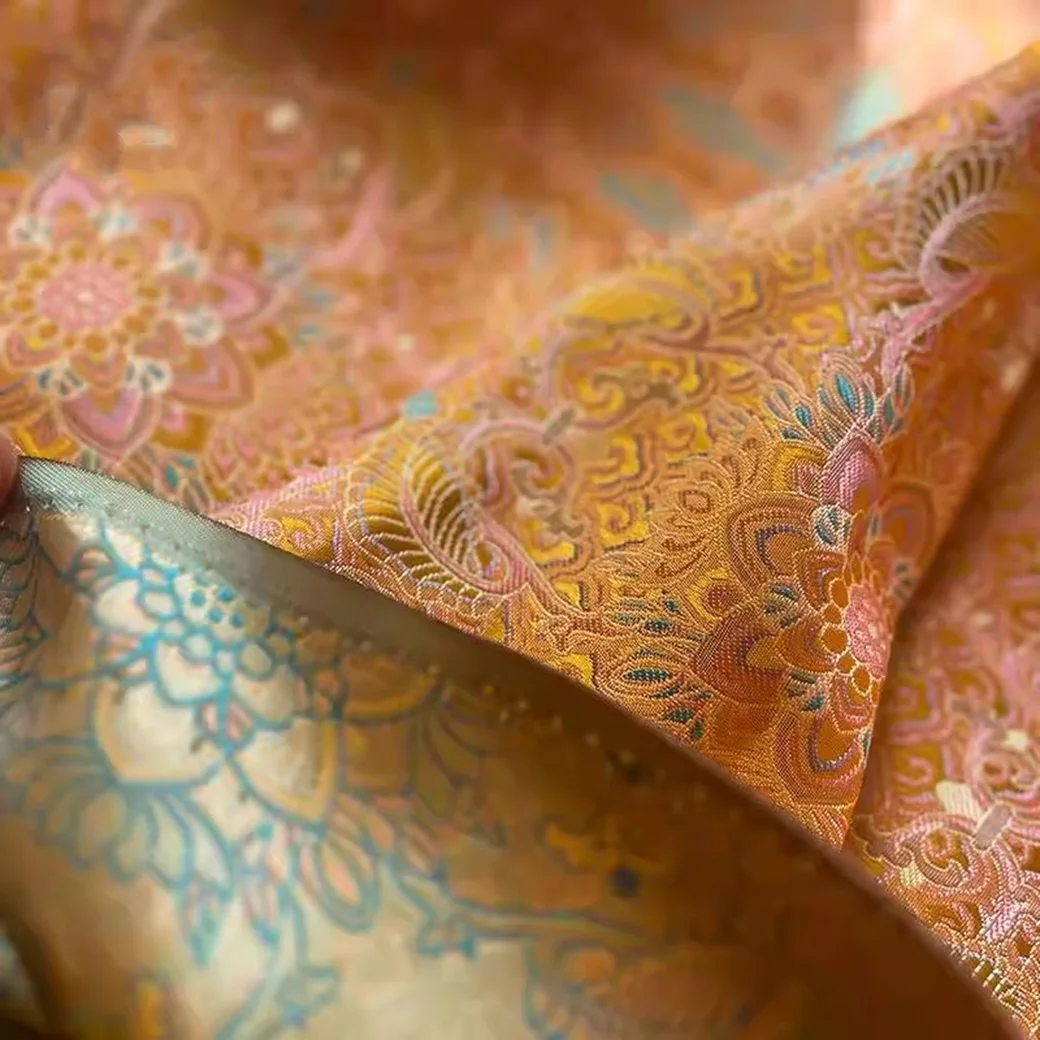 Antique Gold Yellow Treasure Jacquard Fabric Ethnic Fashion Handmade Design Traditional Handloom