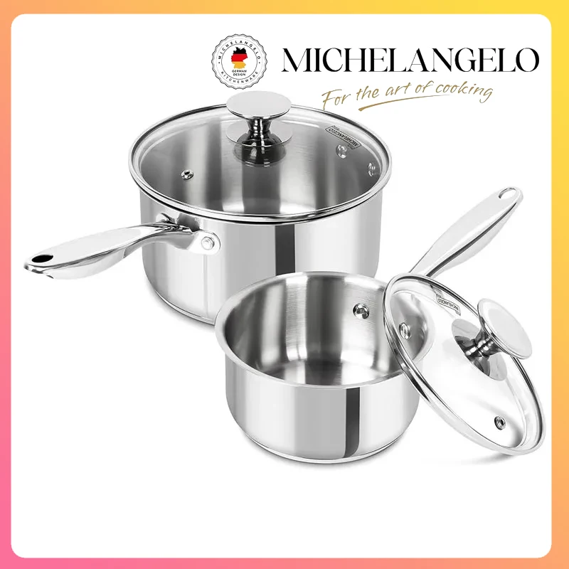 

Набор кастрюль MICHELANGELO, кастрюля из нержавеющей стали, 1QT и 3QT, антипригарные кастрюли с крышкой, безопасная для посудомоечной машины, индукционная совместимость