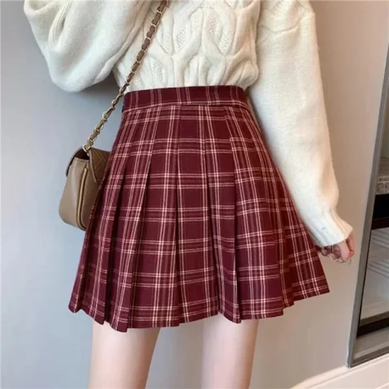 2024 Women Fashion Korean Style JK Mini Skirts Girls Red Grey Plaid Pattern Dress Female Versatile A Line Zipper Pleated Skirts