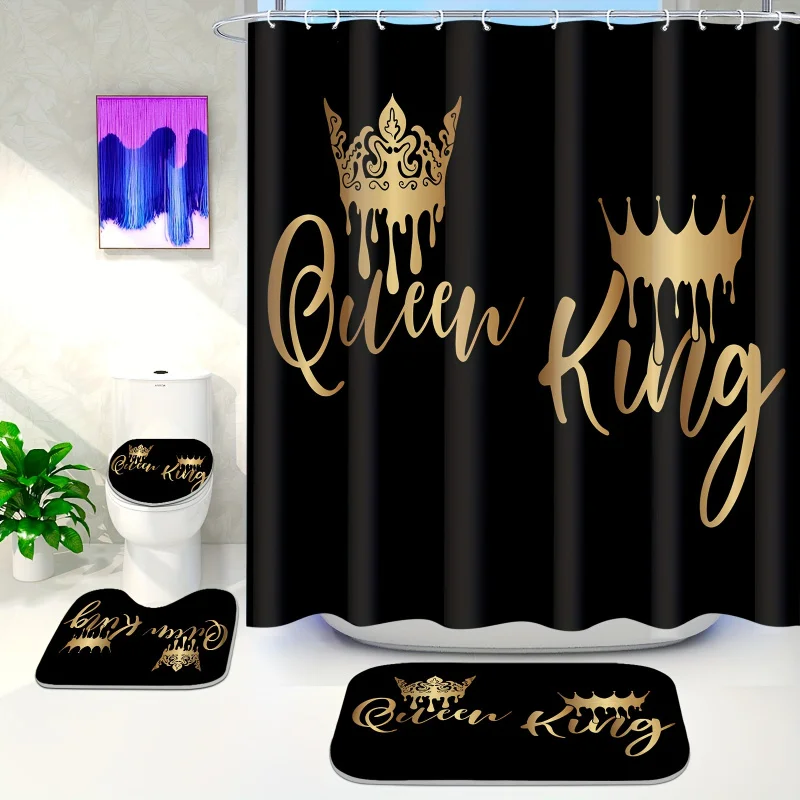 1/4pcs King And Queen Printed , Decorative Bathroom Set, Waterproof Shower Curtain With Hooks, Non-slip Mat, T