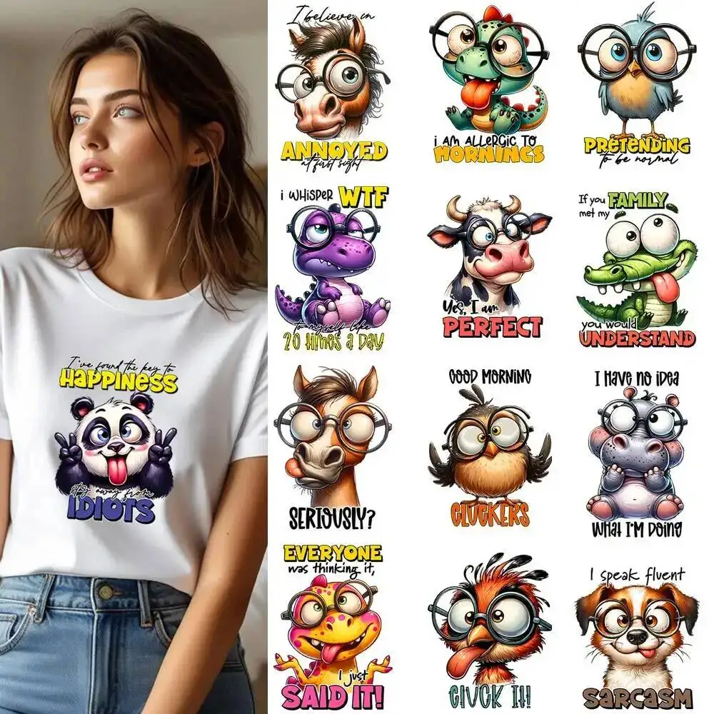 25CM Cartoon Glasses Bird Crocodile Dog Transfer Patches For Clothes Stickers DIY A-Level Washable Shirt Iron-on Thermal Sticker