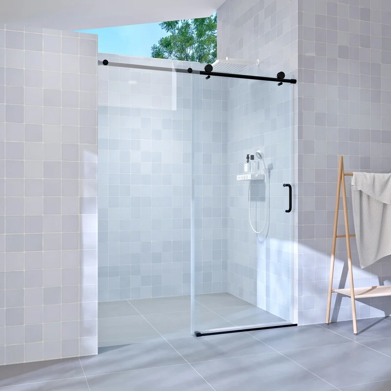

60" W x 76" H Frameless Sliding Shower Door, 6mm Tempered Glass, Matte Black Finish