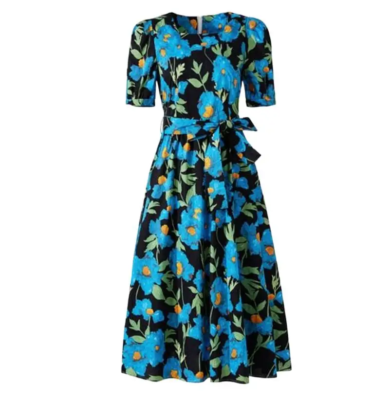 

Summer New Cotton Square Collar Vintage Blue Print Mid-Calf Dress Half Sleeve Slim Belt Temperament Elegant Mature Vestidos