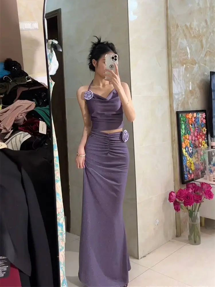 Retro Two-Piece Satin Dress Rose Charm Sets Summer Women Halter Camisole+Wrapped Long Skirts Elegant Party Full Dress 2024 New