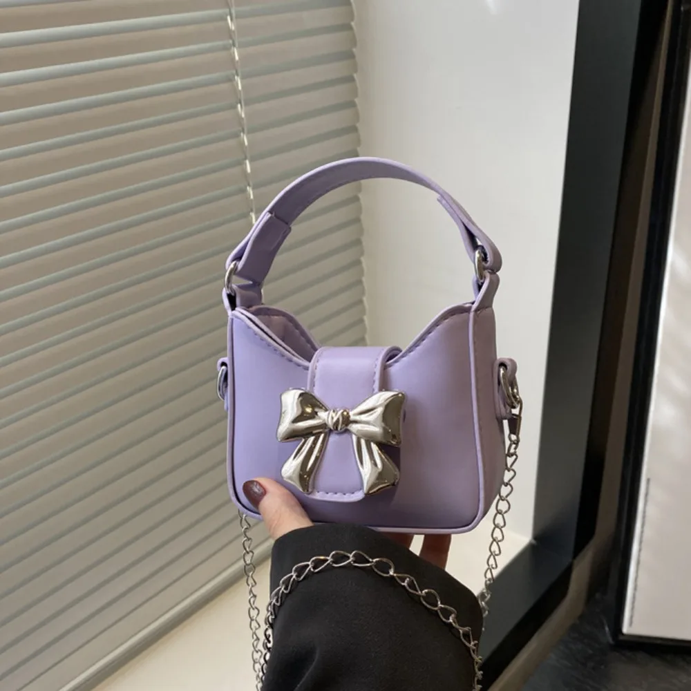 

Casual Pu Leather Bow Buckle PU Bag Mini Solid Color Silver Bucket Bag Handbag Korean Style Women's Shoulder Bag Makeup Bag