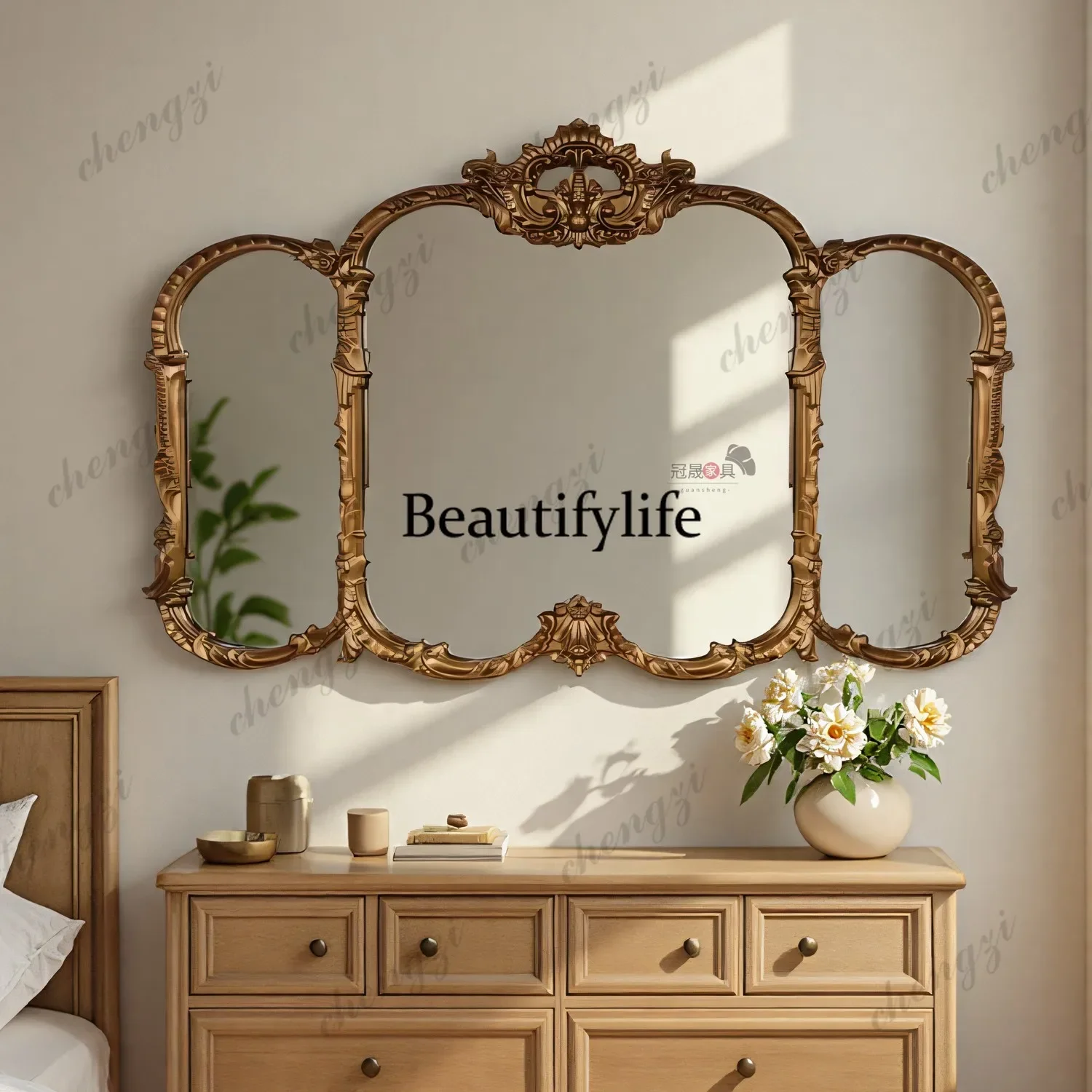 C178French retro makeup mirror, bathroom wall-mounted dressing mirror, carved porch background wall, three-sided decorative mirr