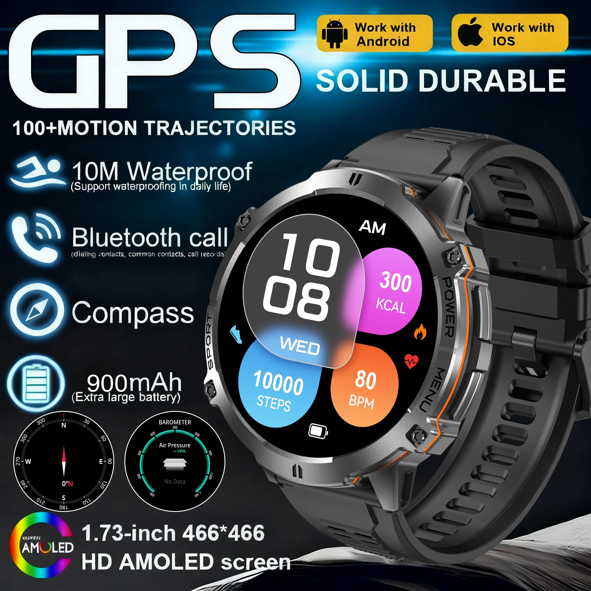 

2025 New Dual system Outdoor Military GPS Smartwatch Men 1.73"HD Screen Compass 900MAH Heart Rate BT Call 10M Waterproof Watch