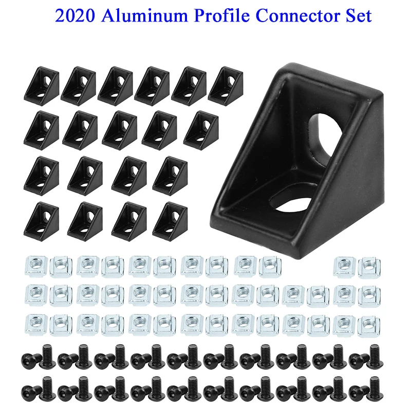 100PCS 2020 Aluminum Profile Connector Set: 20pcs Corner Bracket + 40pcs 20 Series M5 T-slot Nuts + 40pcs M5x8mm Hex Socket Cap