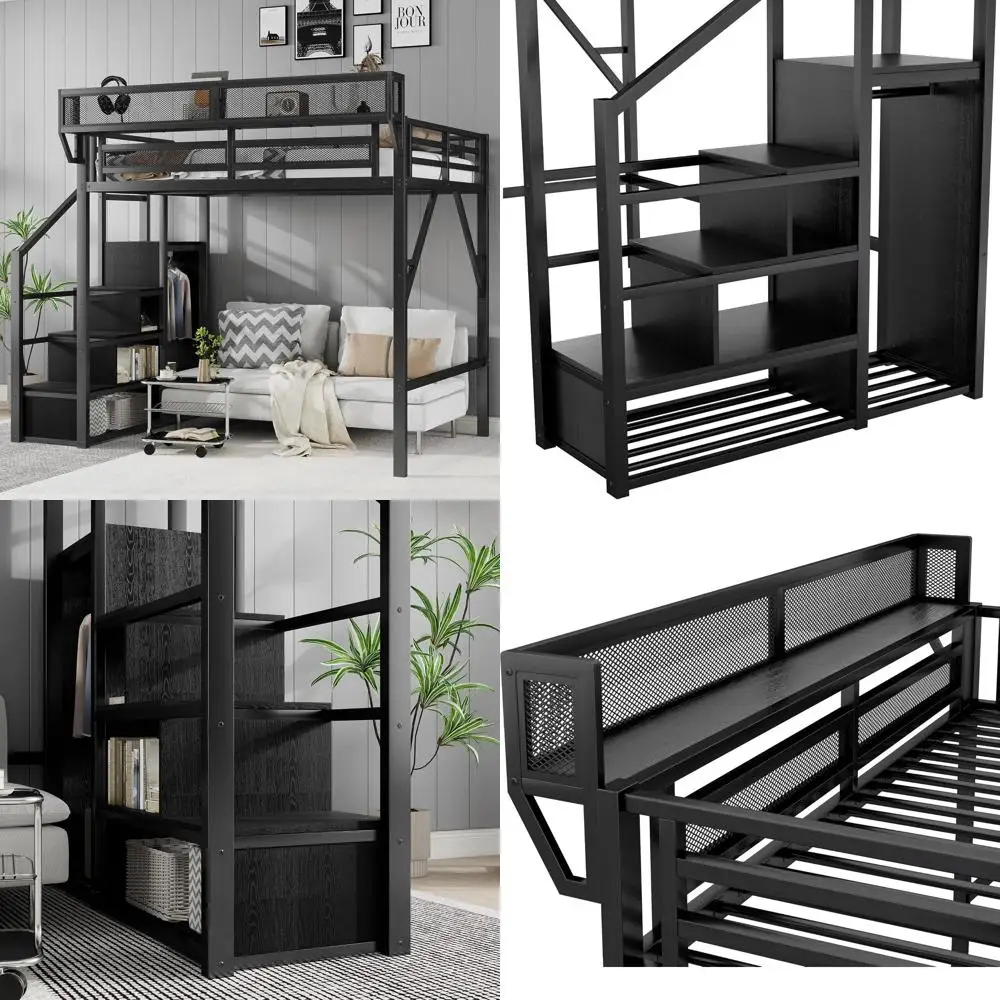 

Black Metal Loft Bed with Stairs, Storage Shelves, and Wardrobe for Kids & Adults