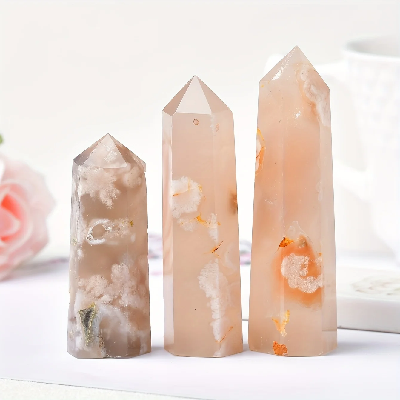 

1PC Natural Cherry Flower Agate Polished Crystal Point Ornament, Hexagonal Prism Obelisk Towers for Home Decors Collectible Gift