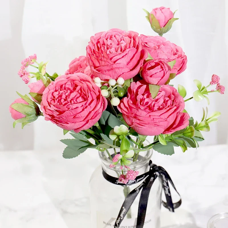 Pink Silk Peony Artificial Flowers Rose Wedding Home Decor Bouquet Craft White Fake Flower