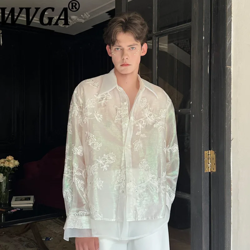 WVGA Autumn New Men's Lace Sheer Jacquard Trendy Long Sleeved Shirts Niche Chic High-end Faux Two-piece French Style Tops W27907